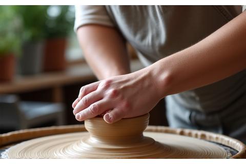Detail of hands carefully shaping wet clay on a pottery wheel, symbolizing custom clay product design.
